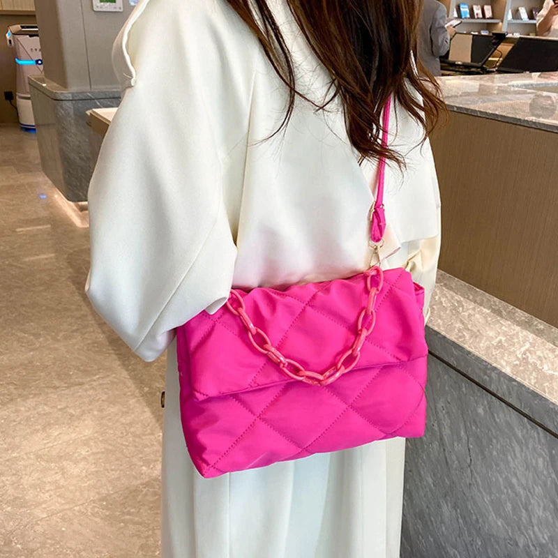 Plush Cotton Padded Womans Chain Crossbody Winter Quilted Womans Handbag