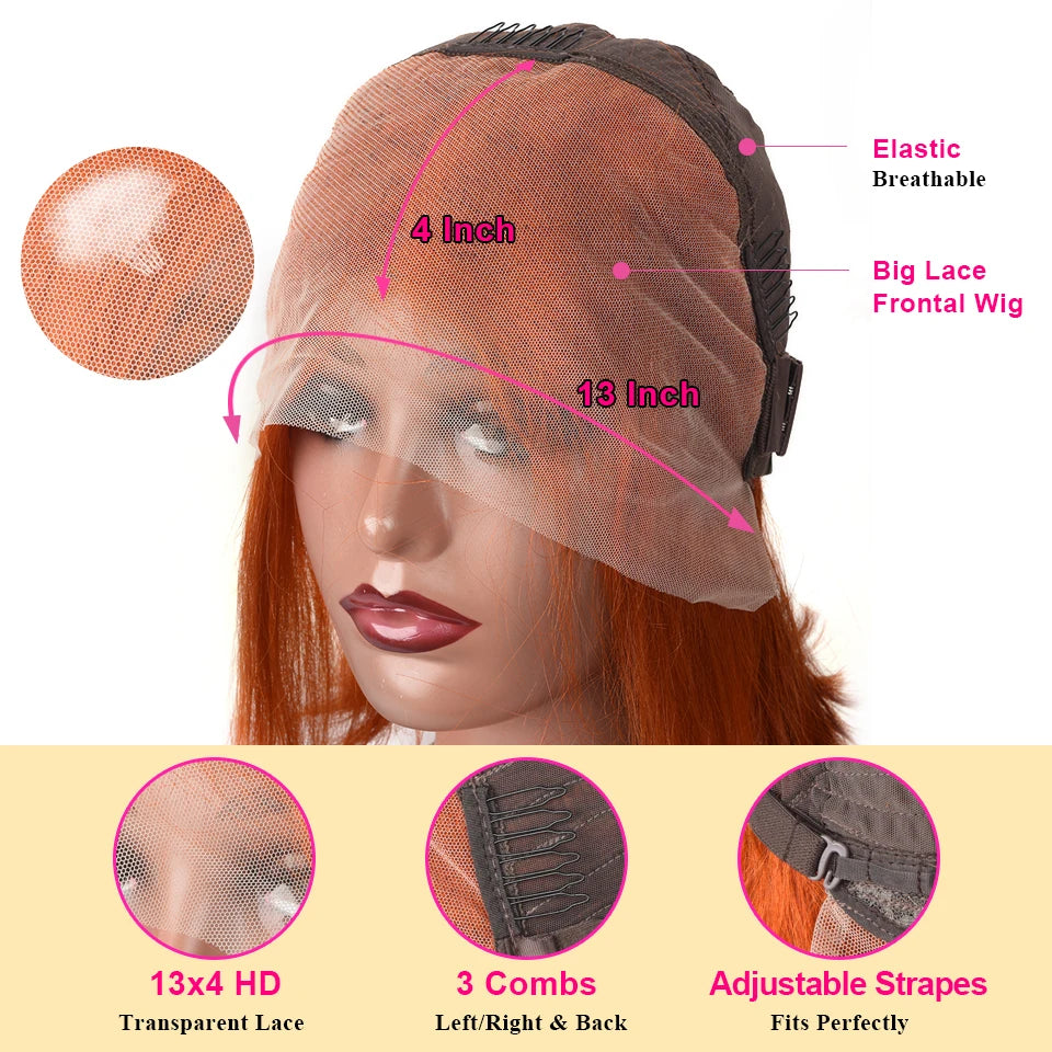 Ginger Orange Brazilian Bob Wig Bone Straight 180% 150% Density 13x4 Human Hair HD Lace Front Wig