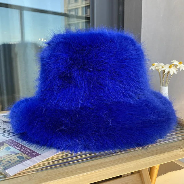 Faux Plush Y2K Luxury Fluffy Fur Bucket Hat Rabbit Fur Warm Panama Fishermans Winter Headwear
