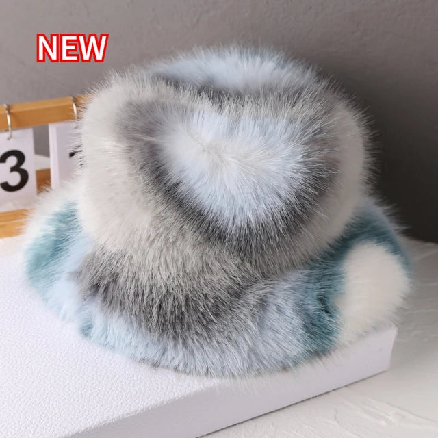 Faux Plush Y2K Luxury Fluffy Fur Bucket Hat Rabbit Fur Warm Panama Fishermans Winter Headwear