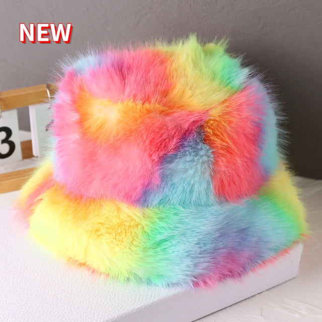 Faux Plush Y2K Luxury Fluffy Fur Bucket Hat Rabbit Fur Warm Panama Fishermans Winter Headwear