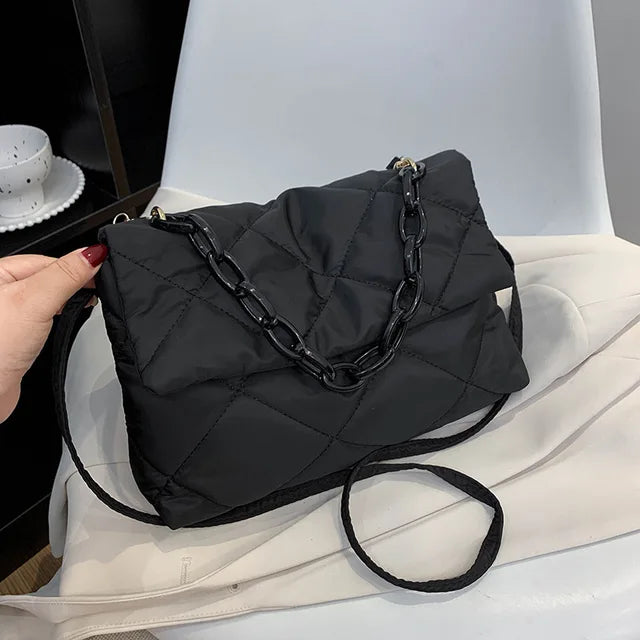 Plush Cotton Padded Womans Chain Crossbody Winter Quilted Womans Handbag