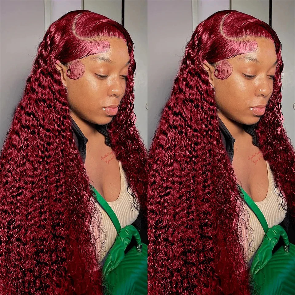 Burgundy Red 99J Deep Wave Brazilian 13x4 13x6 Hd Lace Frontal Deep Curl Human Hair Curly Wig