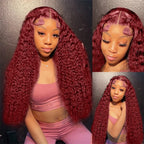 Burgundy Red 99J Deep Wave Brazilian 13x4 13x6 Hd Lace Frontal Deep Curl Human Hair Curly Wig