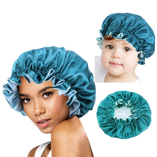 2 Pcs Reversible Double Sided Silky Bonnet Womans Kids Matching Bonnet Sleep Cap Set