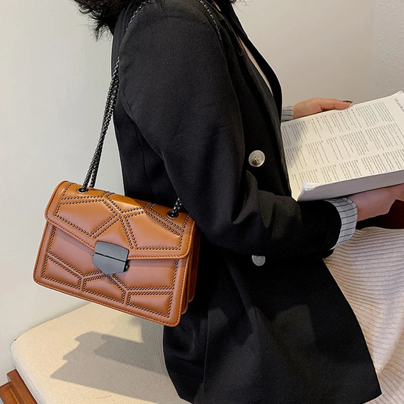 Chain Womans Shoulder Purse Leather Small Square Handbag