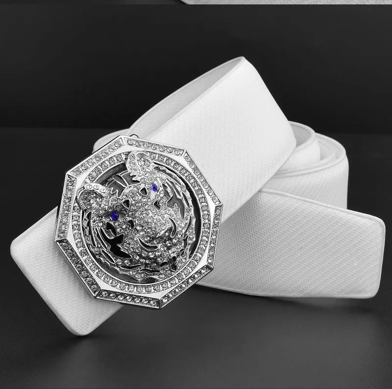 Mens Luxury Tiger Pendant Leather Waist Strap Belt Wide High Quality Golden Buckle Waistband