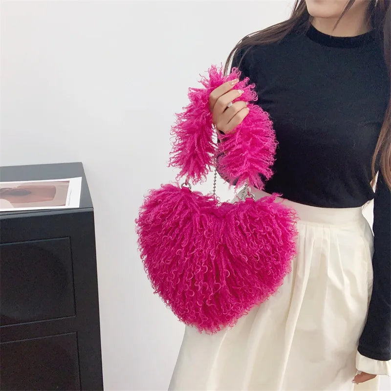 Heart Shape Shoulder Y2k Woman Plush Purse Furry Chain Trendy Satchel Handbag