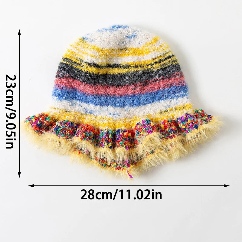 Ruffle Wollen Knitted Rainbow Hat Fisherman Warm Trending Cap
