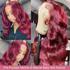 🔥99J Pre Plucked Human Hair Body Wave Burgundy Colored Brazilian Lace Front Wig