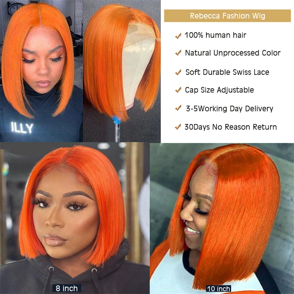 Ginger Orange Brazilian Bob Wig Bone Straight 180% 150% Density 13x4 Human Hair HD Lace Front Wig