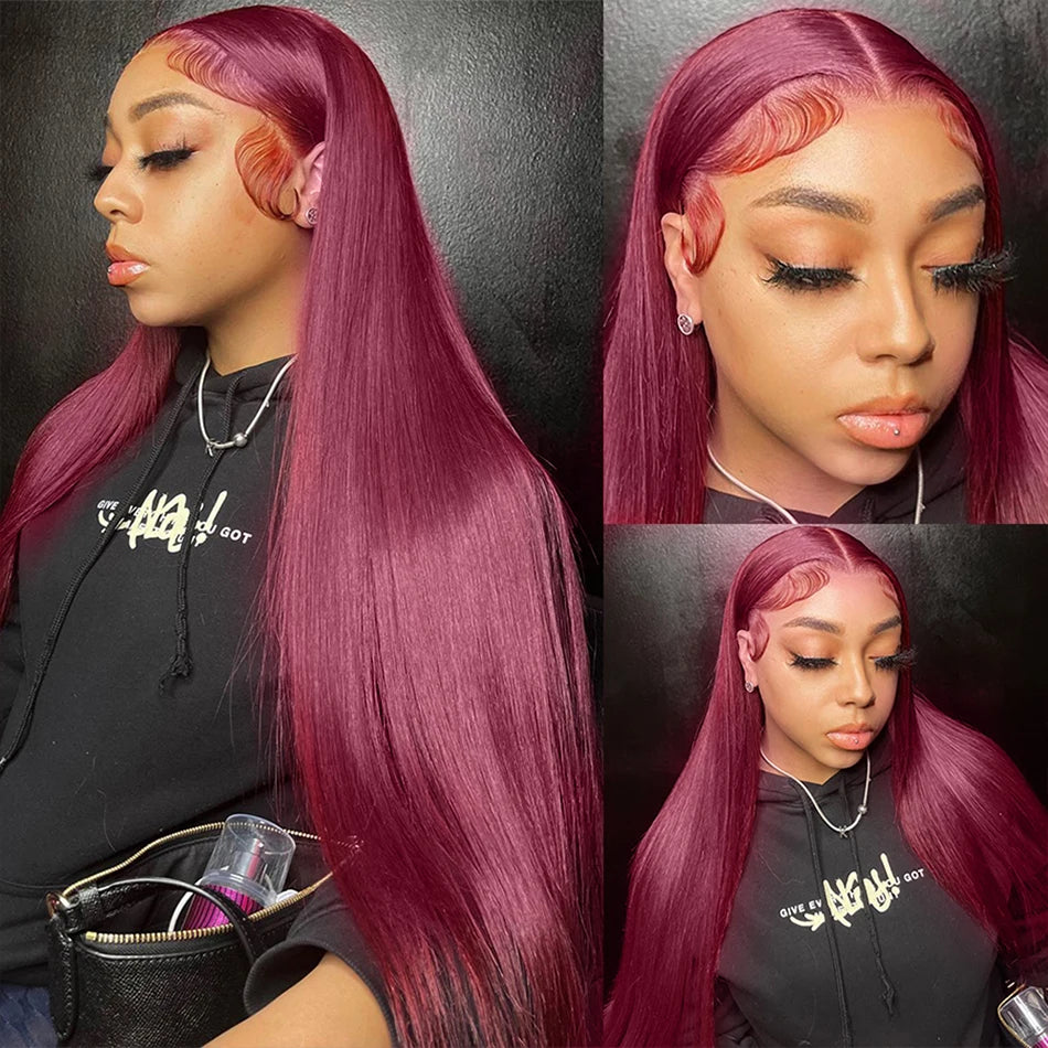 Burgundy 99j Colored Straight HD Transparent Human Hair 180% 200% Density Wig