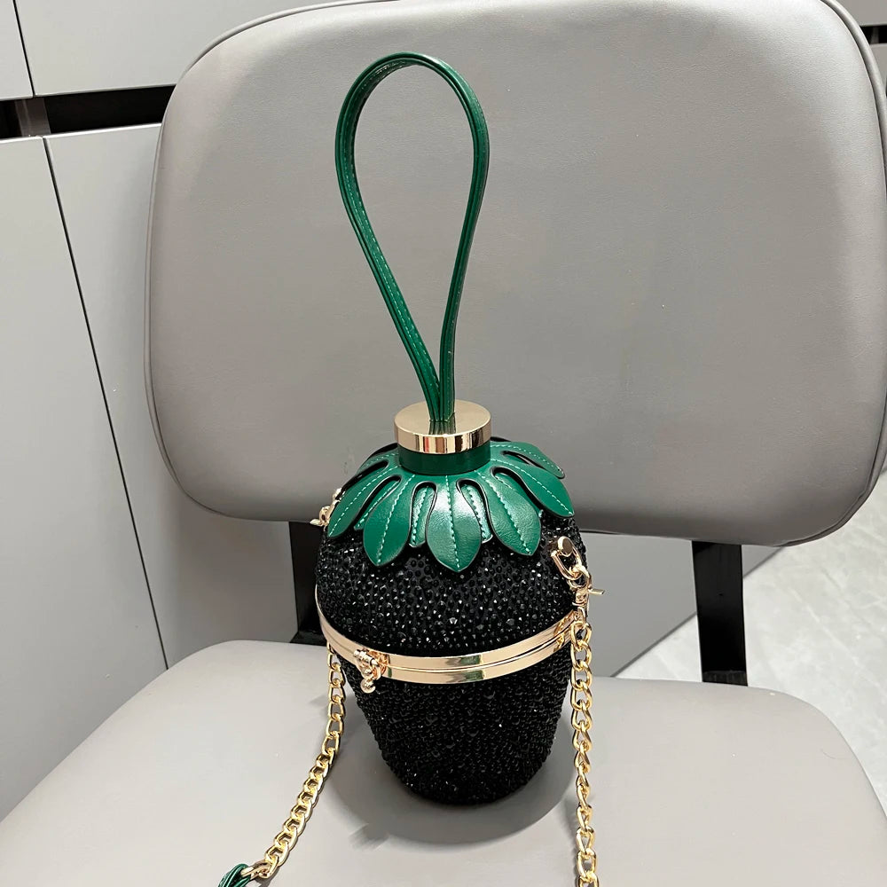 Cute Straberry Rhinestone Womans Clutch Purse Bucket Shoulder Bag