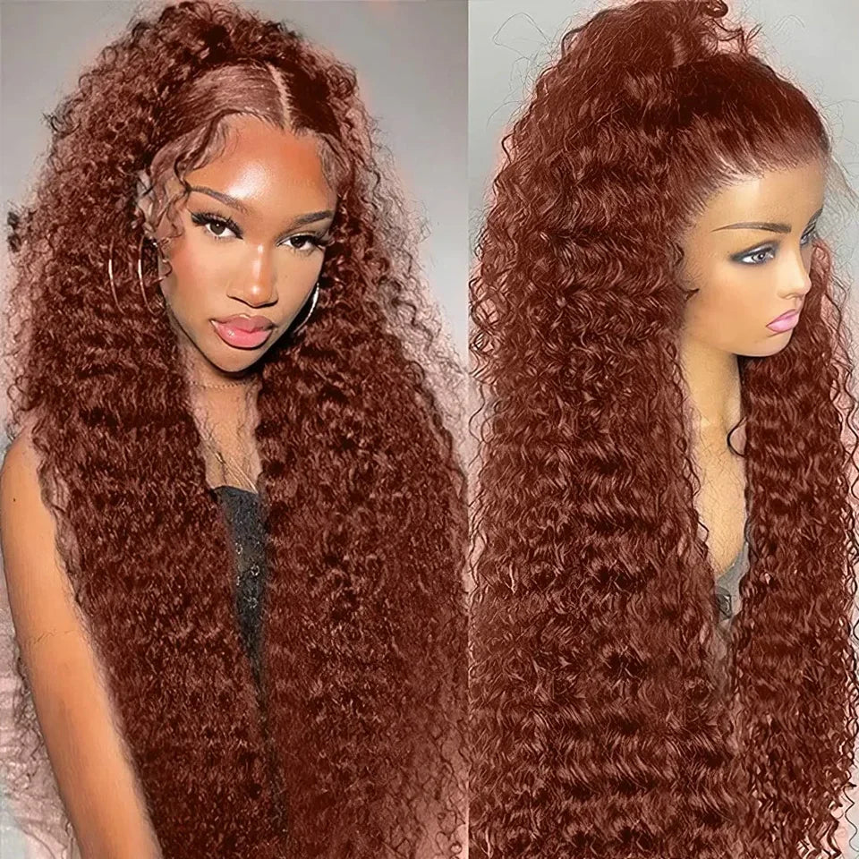 Reddish Brown Deep Wave Brazilian Human Hair 180% Density Transparent Lace Curly Wig