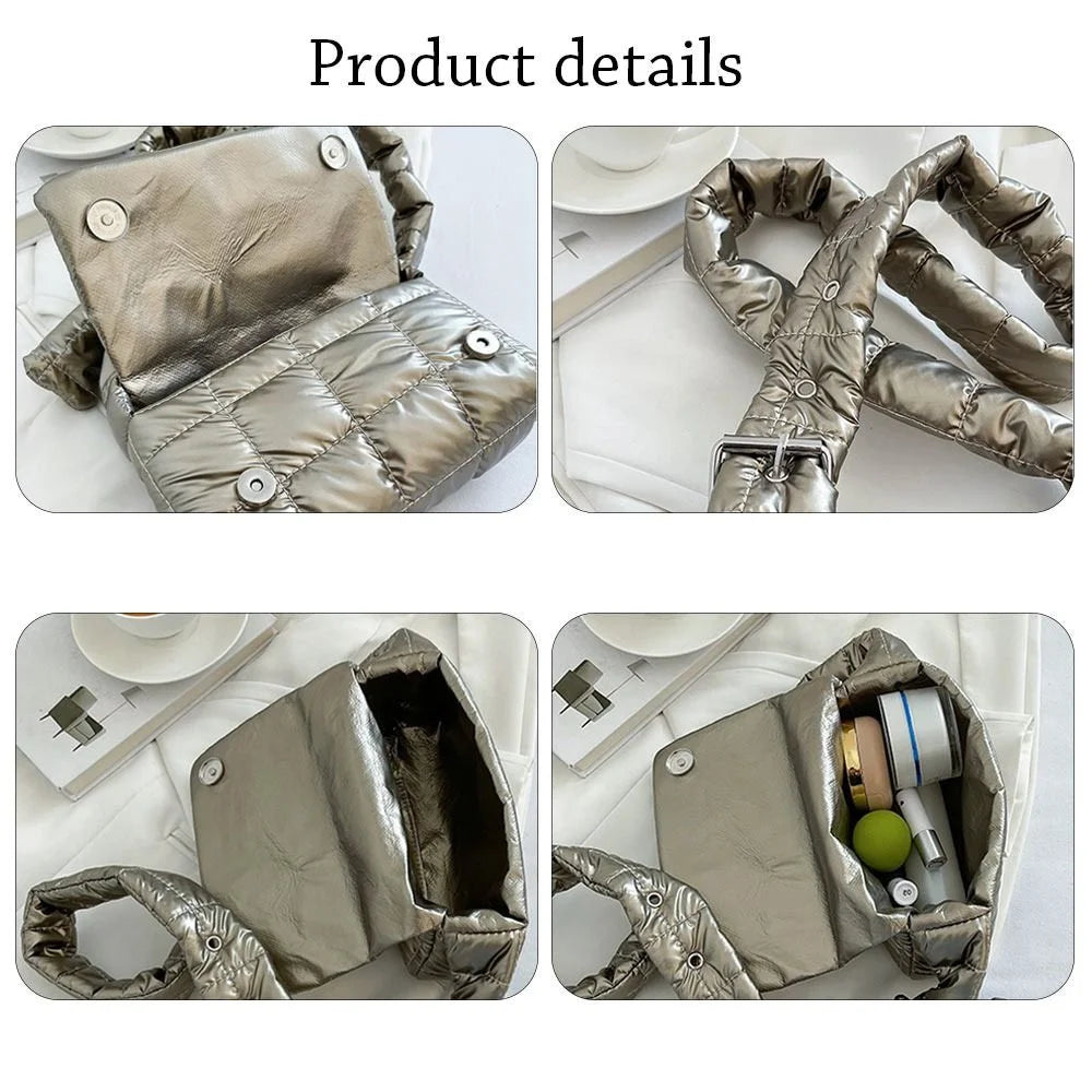 Cotton Padded Fashion Quilted Womans Metalic Crossbody Long Strap Ladies Purse