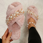 Pearl Flower Decorated Woman Indoor Comfortable Warm Fashion Fluffy Shoes
