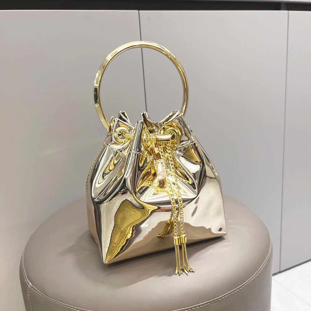 Metalic Womans Cross Body Chain Handbag Solid Color Evening Clutch Party Purse