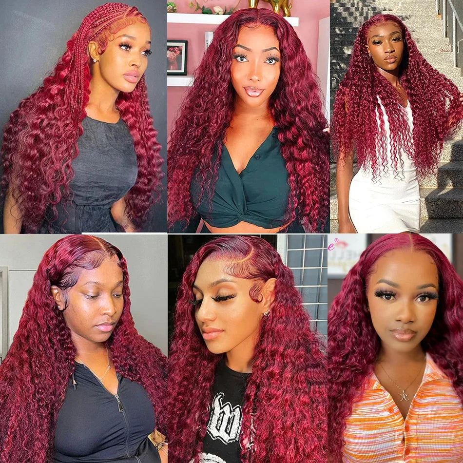 Burgundy Red 99J Deep Wave Brazilian 13x4 13x6 Hd Lace Frontal Deep Curl Human Hair Curly Wig