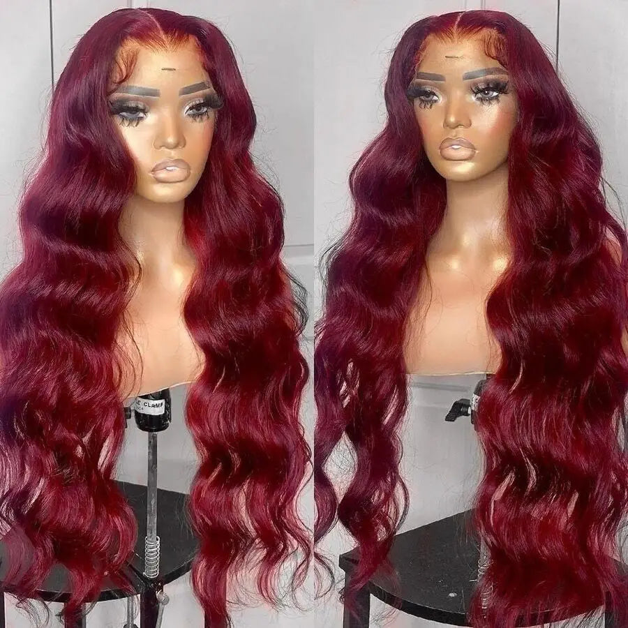 🔥99J Pre Plucked Human Hair Body Wave Burgundy Colored Brazilian Lace Front Wig