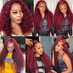 Burgundy Red 99J Deep Wave Brazilian 13x4 13x6 Hd Lace Frontal Deep Curl Human Hair Curly Wig