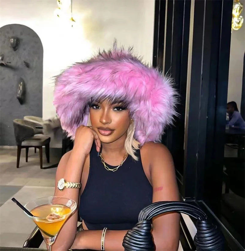 Womans Fashion Plush Faux Fur Trending Winter Rabbit Fur Oversized Fishermans Hat And Bag Set