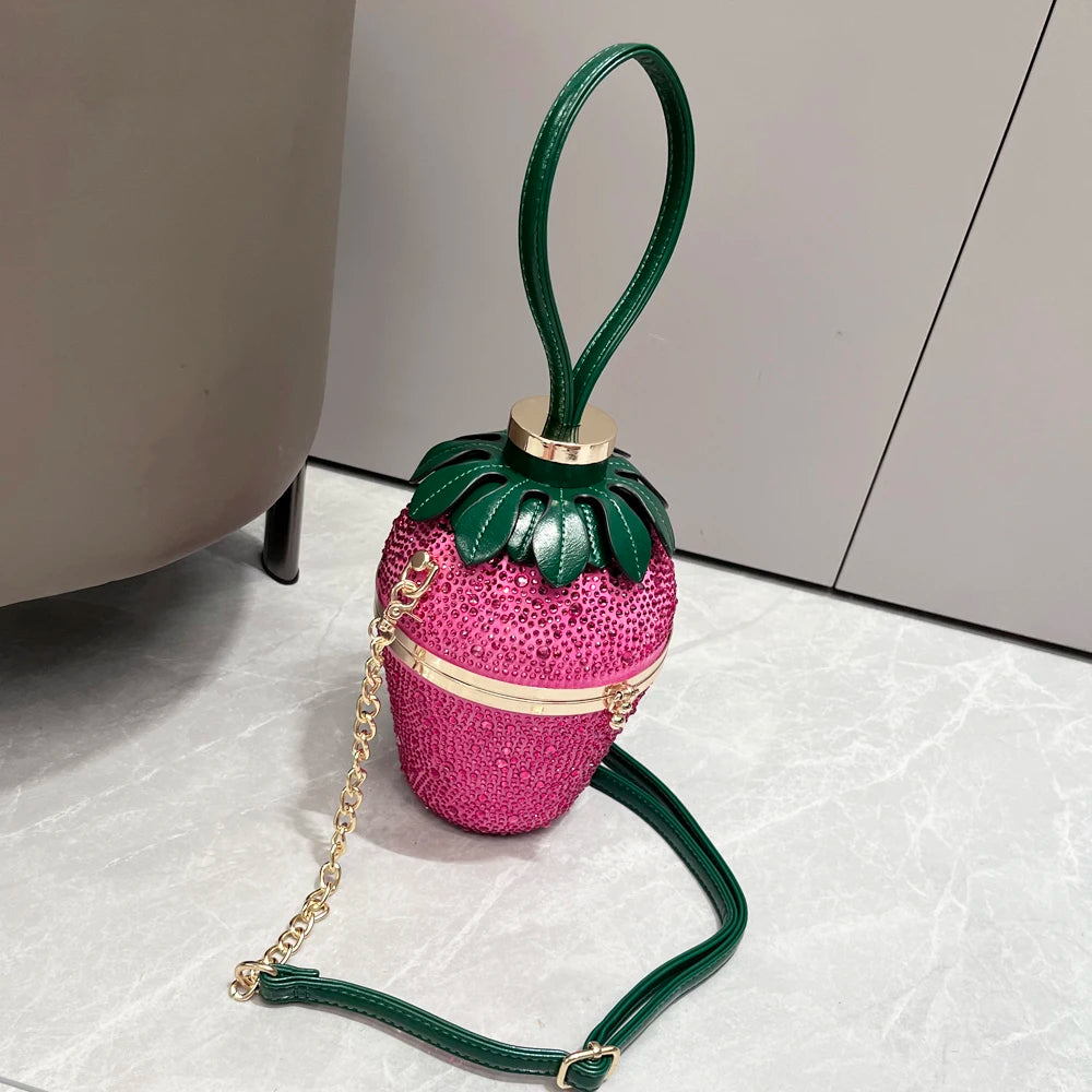 Cute Straberry Rhinestone Womans Clutch Purse Bucket Shoulder Bag