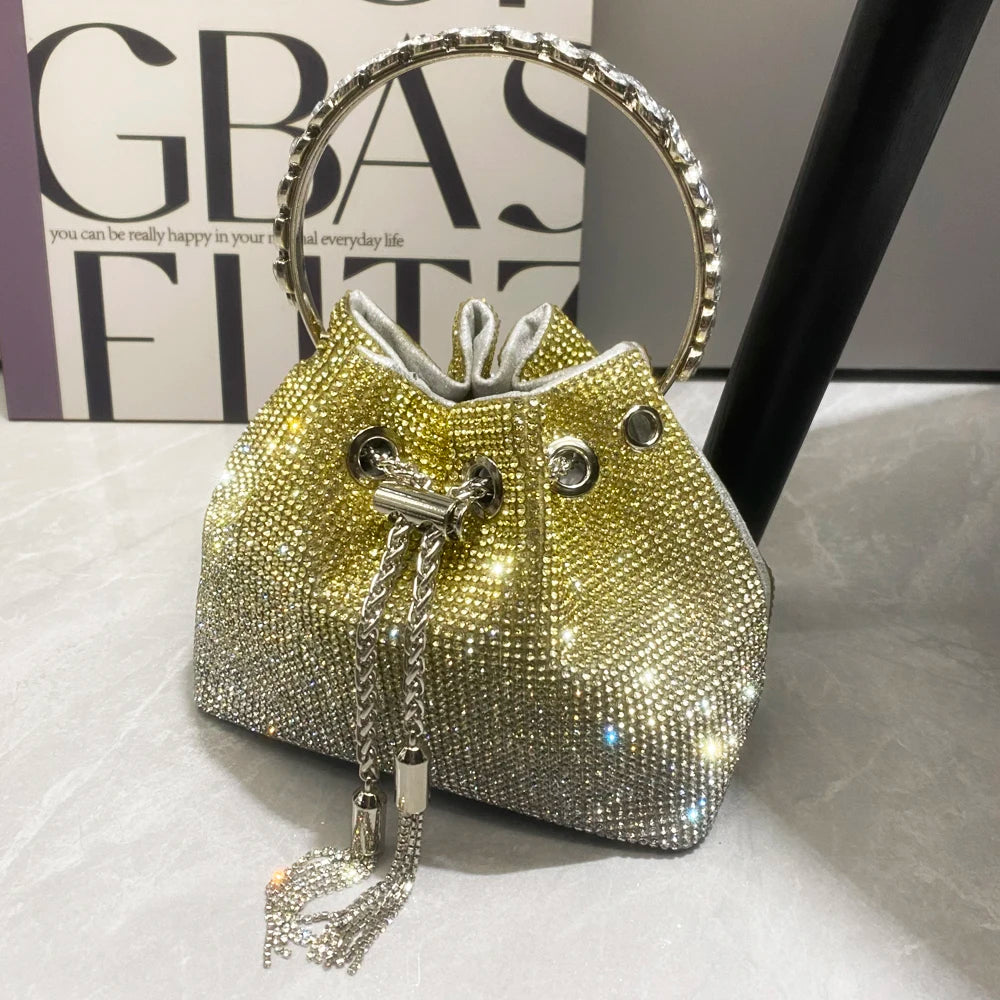 Rhinestone Clutch Purse Trending Handbags Crystal Bucket Shoulder Medium Shiny Bag