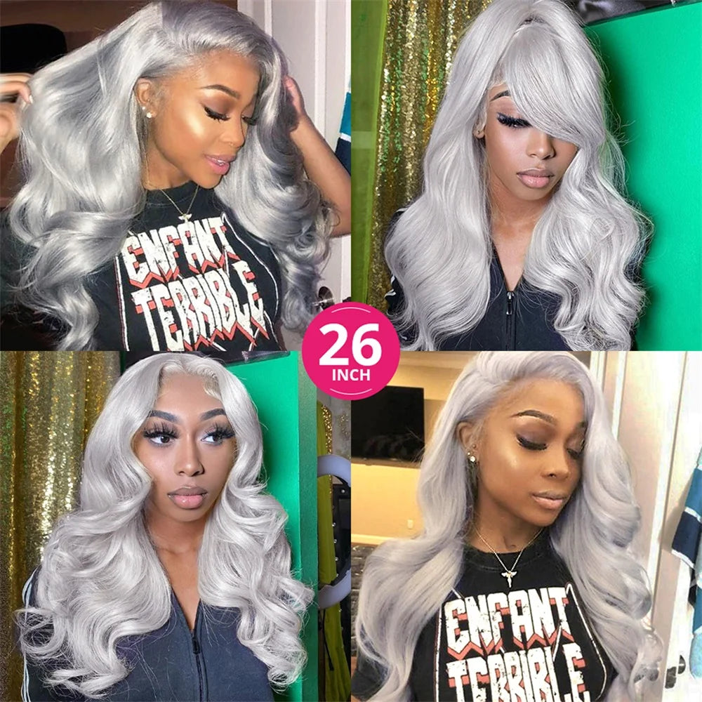 Silver Grey Body Wave 180% Density Human Hair Brazilian HD Lace Wig