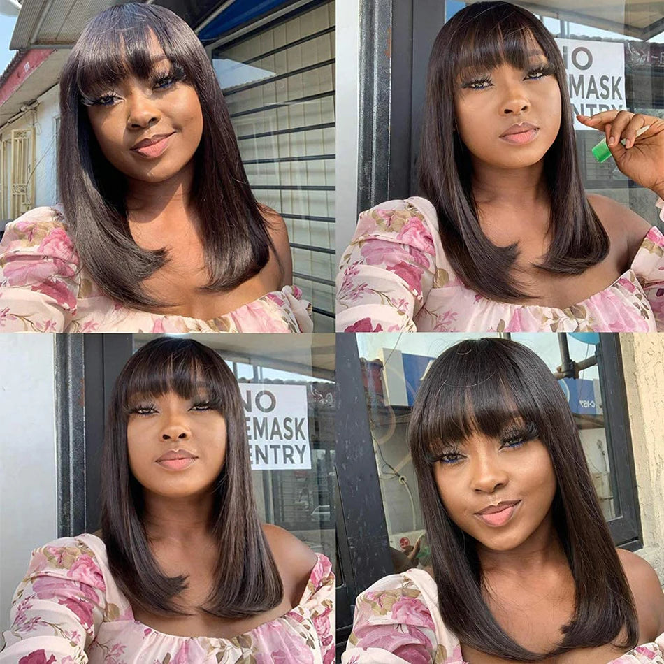 Natural Bob Wig With Bangs Glueless 3x1 Middle Part Short Straight Ready To Go Human Hair Wig