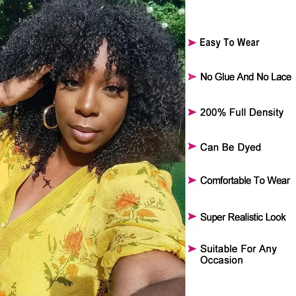 Glueless Kinky Curly 1B Jerry Curl 180% Density Afro Kinky Curly Human Hair Natural Hair Wig