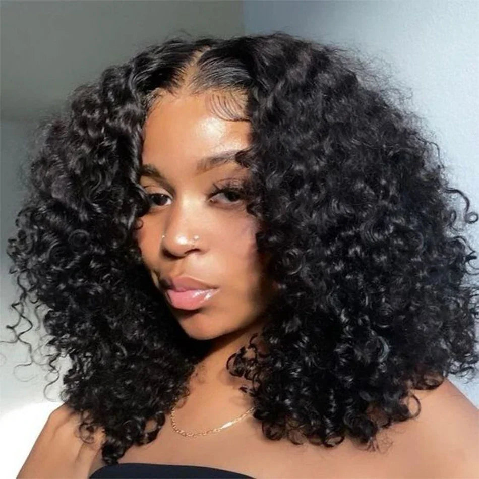 Deep Wave Natural Short Bob 13x4 180% Density Human Black Hair Lace Front Curly Wig Unit