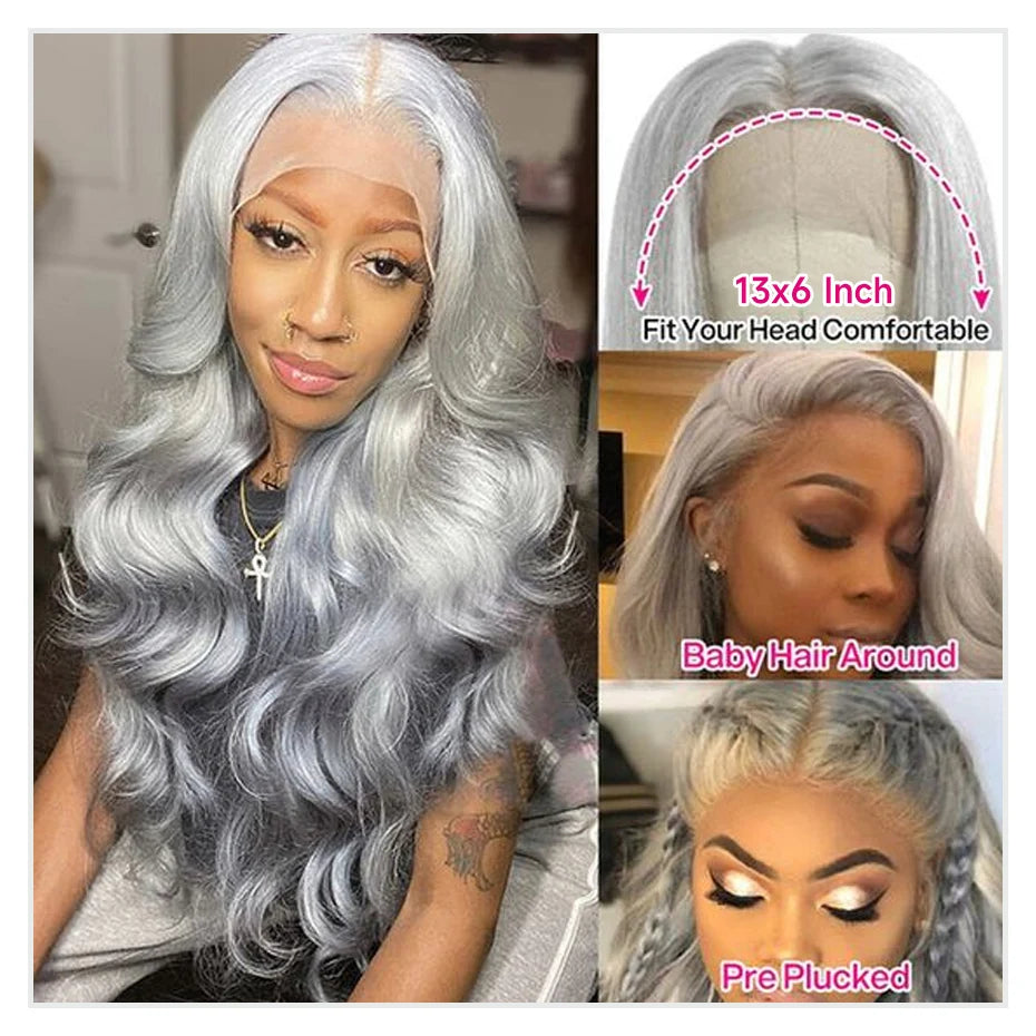 Silver Grey Body Wave 180% Density Human Hair Brazilian HD Lace Wig