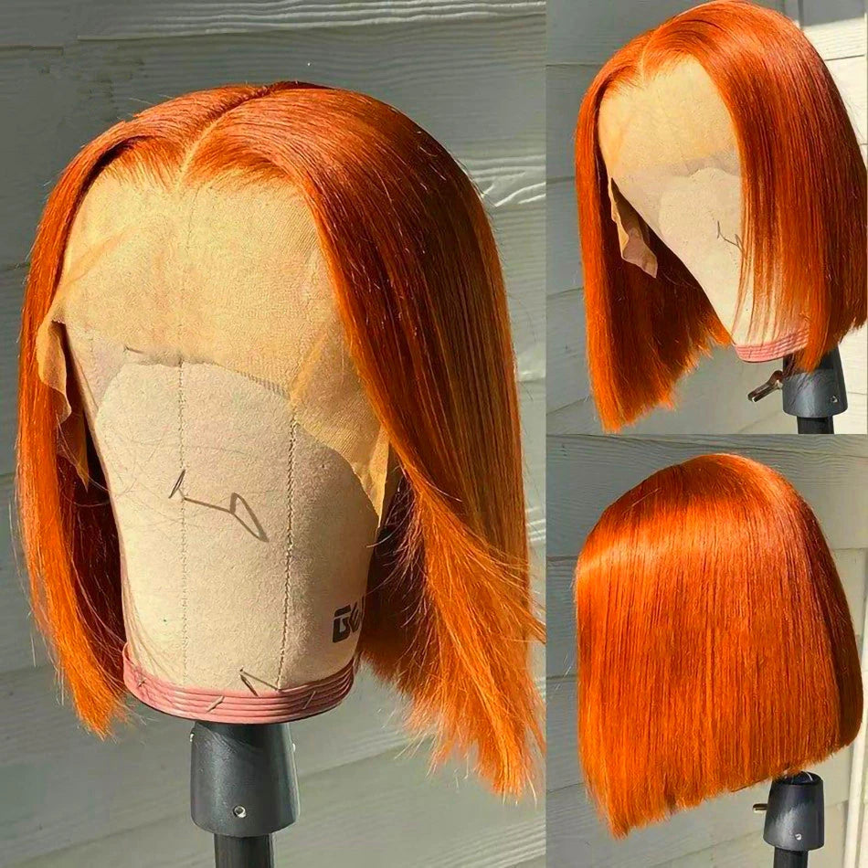 Ginger Orange Brazilian Bob Wig Bone Straight 180% 150% Density 13x4 Human Hair HD Lace Front Wig