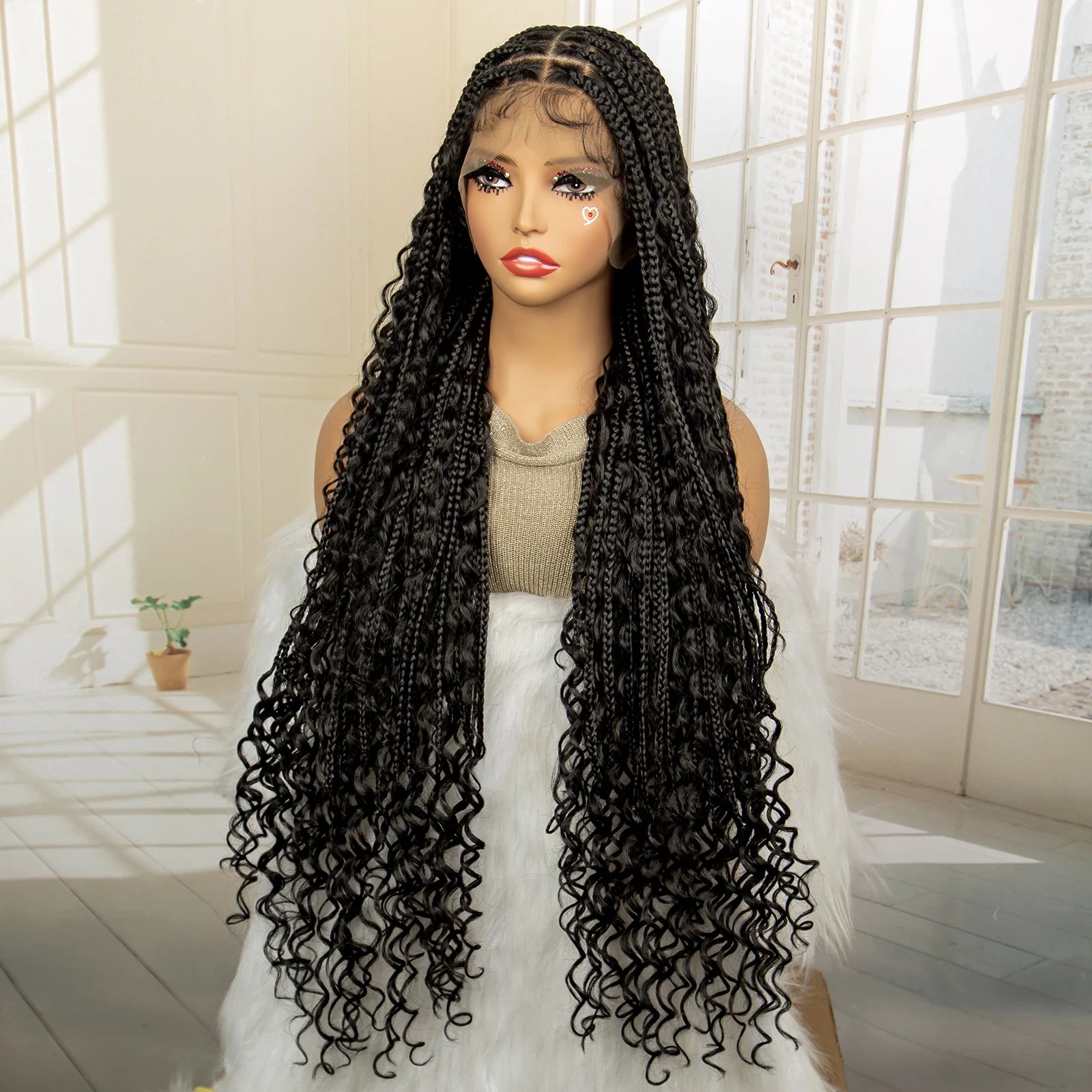 36 inch Synthetic Braided Boho Lace Wig Curly Hair Knotless Box Braids Hairstyle