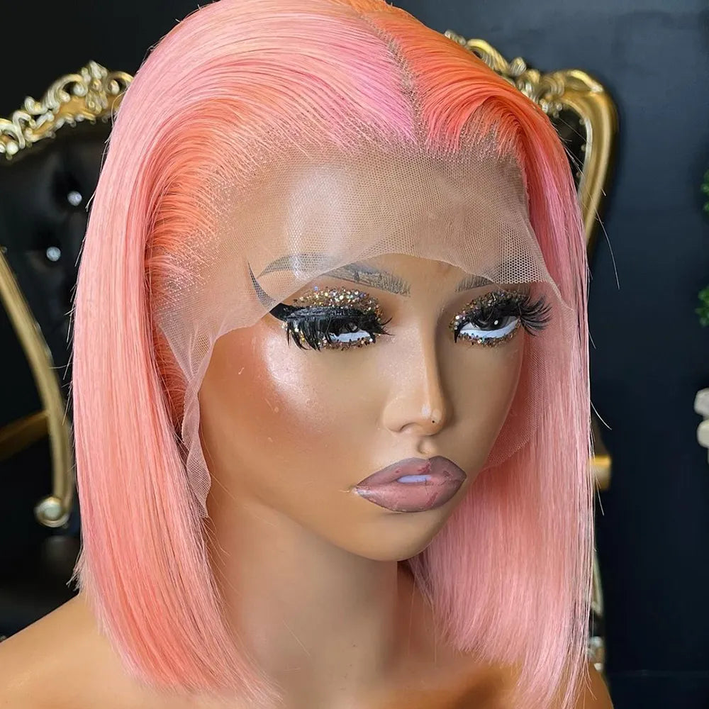 Light Pink Human Hair 13x4 HD Lace Closure Glueless Pre Plucked Bob Wig
