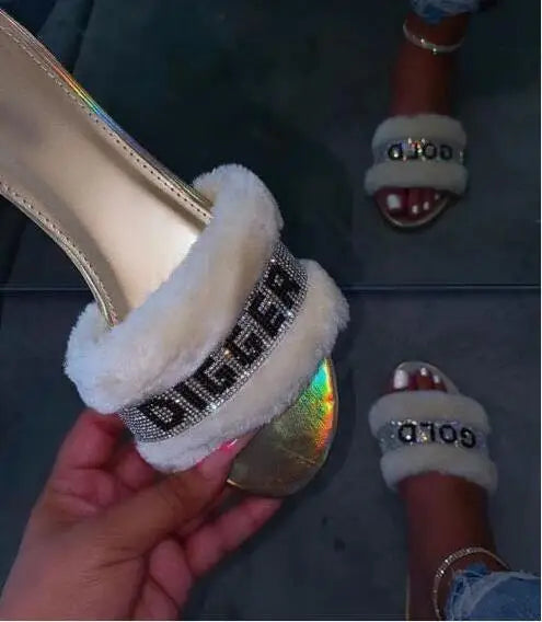 Womans Fur Rhinestone Flat Sandals Shiny Graphic Style Fashion Shoes