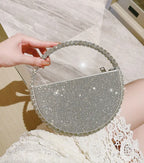 Round Hollow Clutch Purse Trending Rhinestone Silver Evening Mini Handbag For Women
