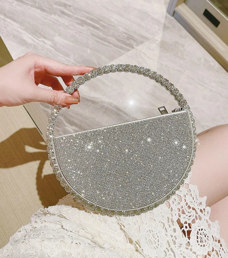 Round Hollow Clutch Purse Trending Rhinestone Silver Evening Mini Handbag For Women
