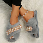 Pearl Flower Decorated Woman Indoor Comfortable Warm Fashion Fluffy Shoes