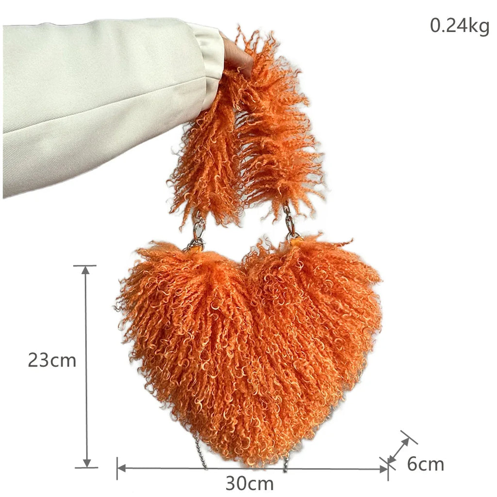 Heart Shape Shoulder Y2k Woman Plush Purse Furry Chain Trendy Satchel Handbag