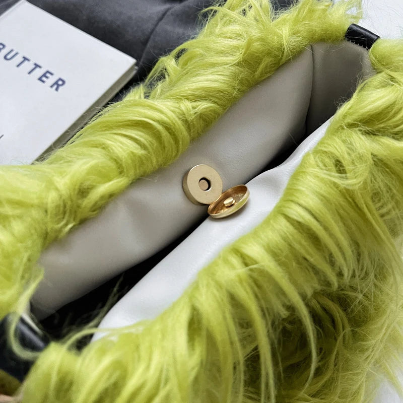 Fuzzy Faux Fur Shoulder Bag Tote Womans Plush Crossbody Handbag With Chain