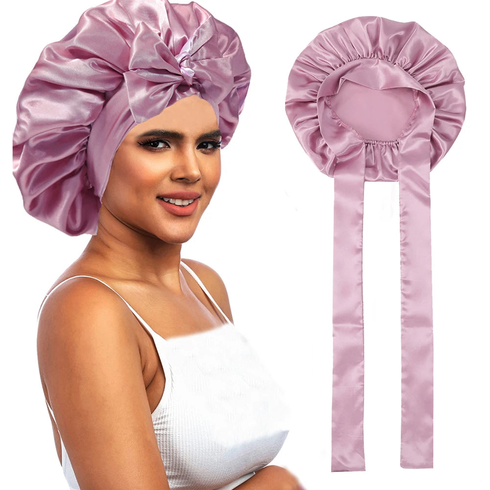 Ladies Solid Color Sleep Cap Polyester Silky Satin Hair Protection Fashion Bonnet