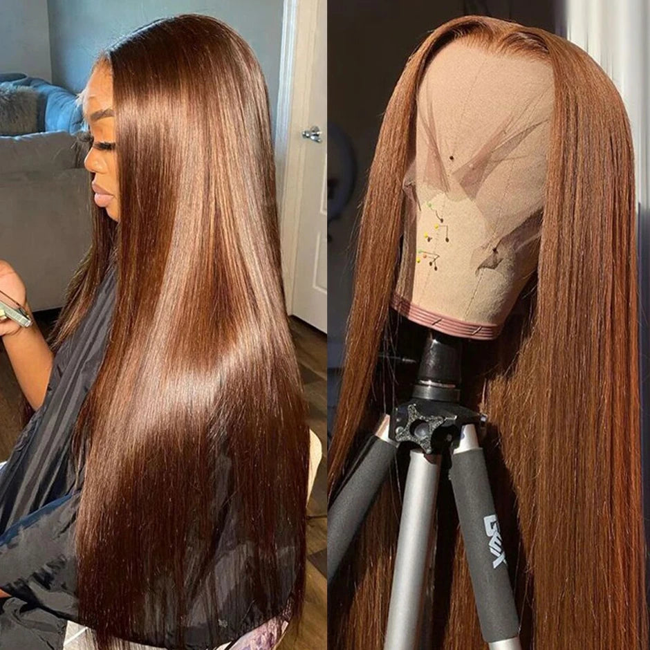 🔥Chocolate Brown Straight Transparent Lace Pre-Plucked 13x4 4x4 Lace 180% Density Frontal Human Hair Wig