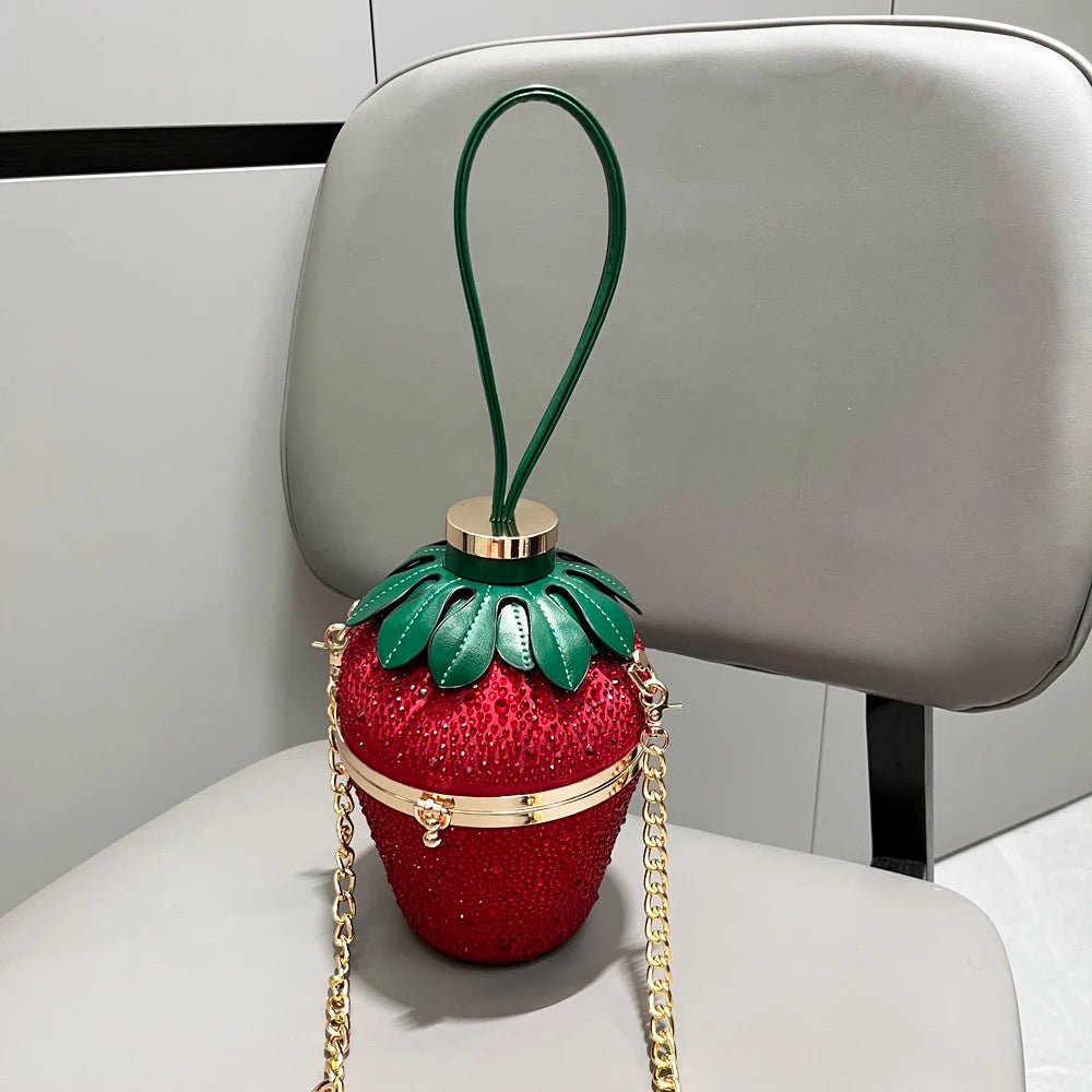 Cute Straberry Rhinestone Womans Clutch Purse Bucket Shoulder Bag