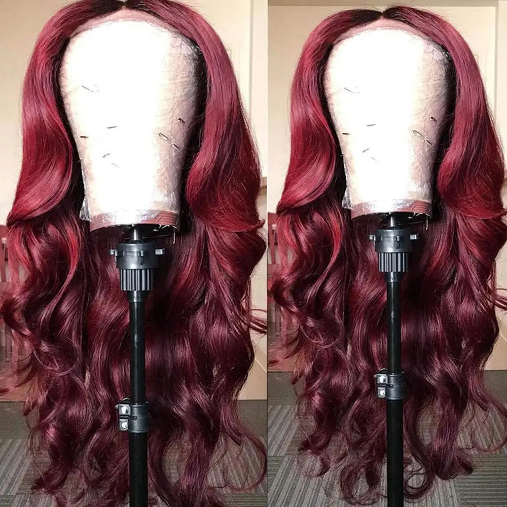 🔥99J Pre Plucked Human Hair Body Wave Burgundy Colored Brazilian Lace Front Wig