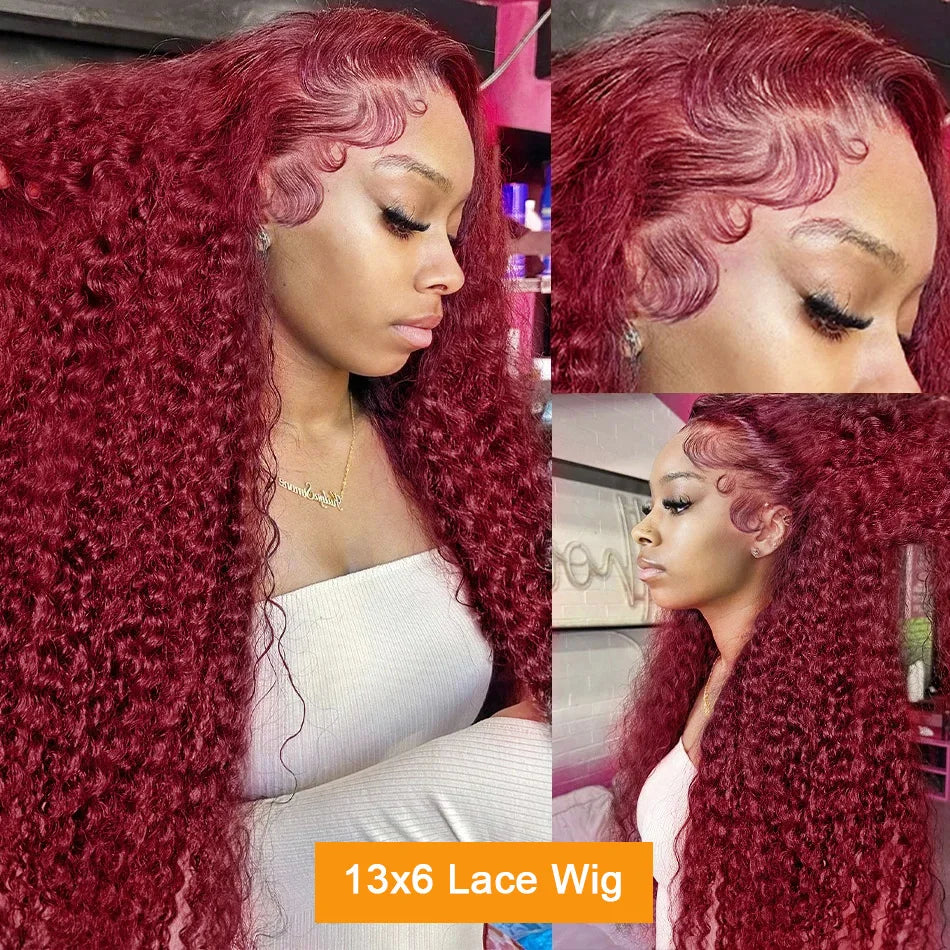 Burgundy Red 99J Deep Wave Brazilian 13x4 13x6 Hd Lace Frontal Deep Curl Human Hair Curly Wig
