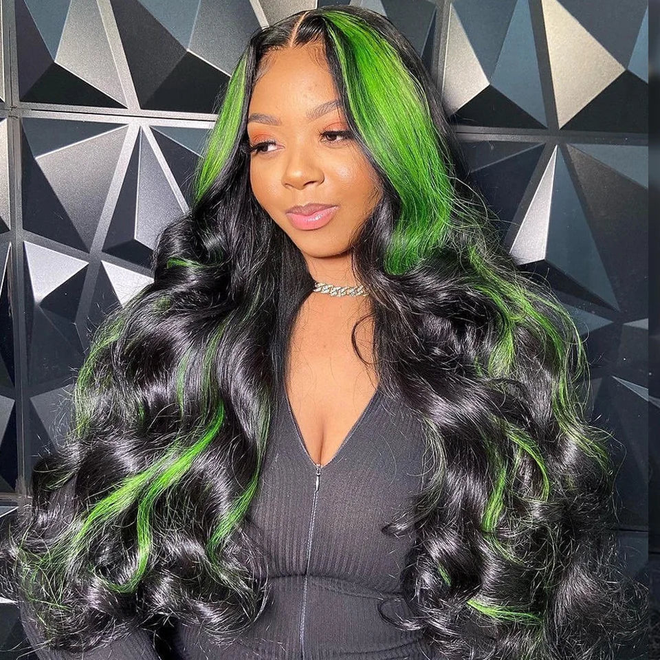 Highlight Green Body Wave Human Hair Lace front HD Frontal Remy Hair Wig
