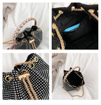 Solid Color Rhinestone Drawstring Crossbody Medium Bucket Bag Clutch Purse For Woman