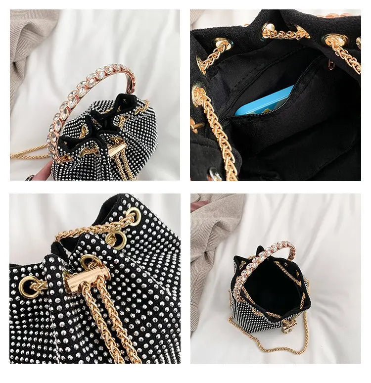 Solid Color Rhinestone Drawstring Crossbody Medium Bucket Bag Clutch Purse For Woman
