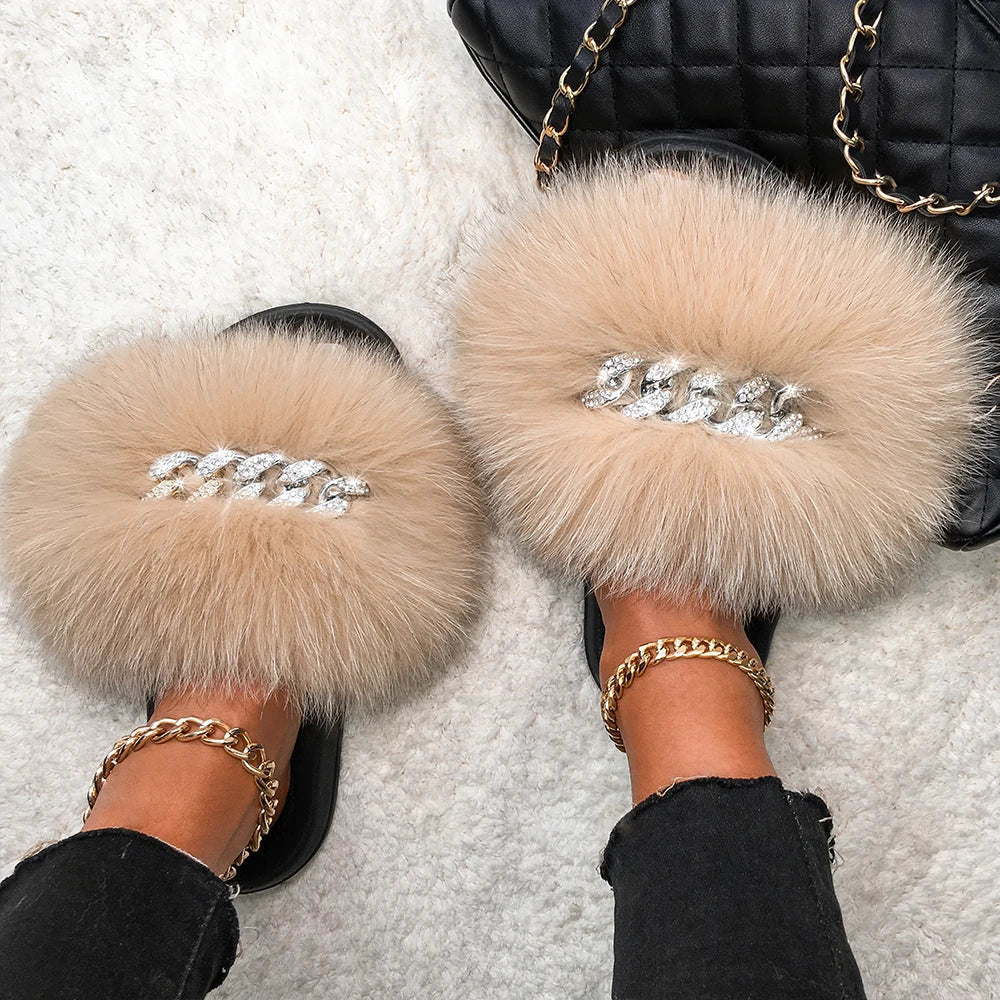 Fluffy Fox Fur Slides Silver Rhinestone Diamond Chain Design Flip Flop Shoes